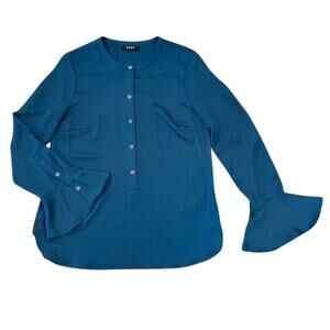 DKNY Teal Blue/Green Bell-Sleeve Button Front Collarless Blouse -M (tag cut out)